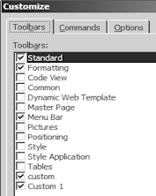 Cutomize Dialog box - Toolbars Tab.